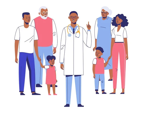 Concepto de médico de familia con pacientes étnicos. Familia afroamericana feliz. — Archivo Imágenes Vectoriales