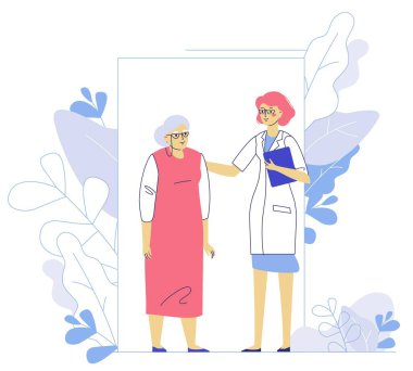 Pratisyen doktor ve hastane muayenehanesindeki yaşlı kadın hasta. Danışma ve tanı.