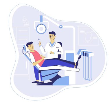 Hastanedeki dişçi koltuğunda oturan doktor ve genç adam. Sağlık kontrolü ve diş muayenesi.