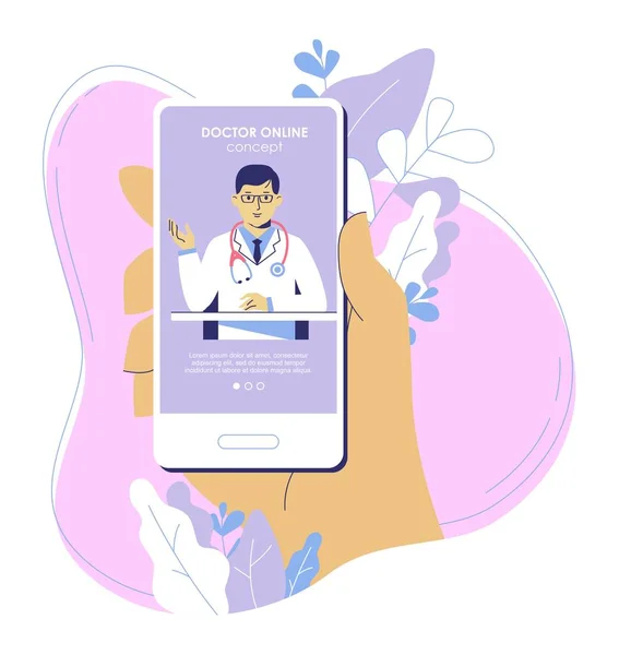 Patient Tenant Téléphone Intelligent Avec Jeune Médecin Écran Consultation Médicale — Image vectorielle