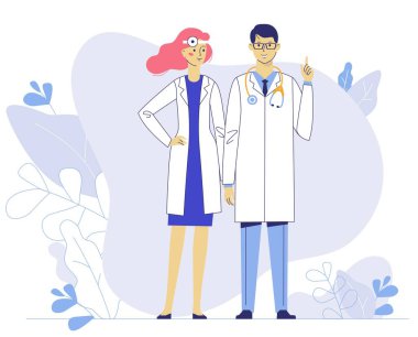 Pratisyen doktorlar. Genç adam ve kadın bitki arka planında yan yana duruyorlar. Danışma ve tanı.