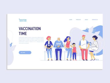 Doktorla iniş sayfası, hastanedeki bir adama grip aşısı enjekte ediyor. Hastalar sırada bekliyor. Sağlık, tıbbi tedavi, önleme ve aşılama.