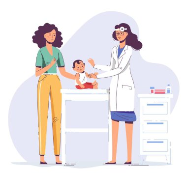 Pratisyen doktor kadın ve bebeği hastane muayenehanesinde olan genç bir anne. Danışma ve tanı.