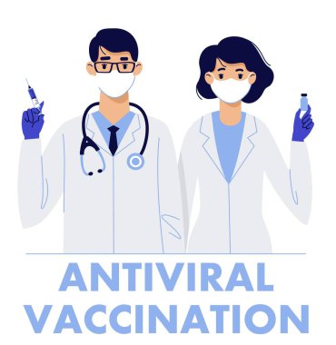 Beyaz arka planda şırıngası ve aşısı olan genç doktorlar var. Sağlık, koronavirüs, önleme ve aşılama.