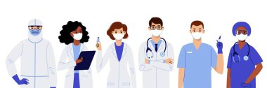 Koronavirüsle savaşan genç doktorlar, hemşireler ve tıbbi personel. Aşı ve pandemik önleme.