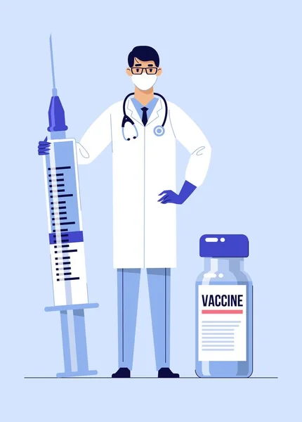 Ung Läkare Man Mask Med Spruta Och Vaccin Isolerad Blå — Stock vektor
