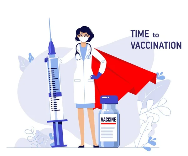 Ung Läkare Hjälte Kvinna Skyddsmask Med Spruta Och Vaccin Isolerad — Stock vektor