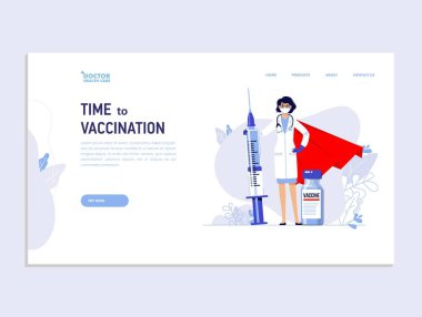 Şırınga ve aşıyla koruyucu maskeli kahraman genç doktor. Web afişi, iniş sayfası. Sağlık, koronavirüs, önleme ve aşılama.