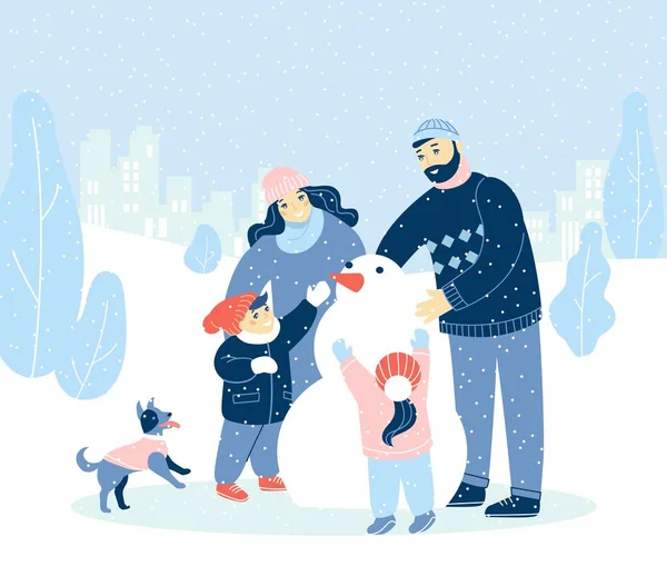 Familia Con Niños Haciendo Muñeco Nieve Parque Ciudad Nieve Actividad — Vector de stock