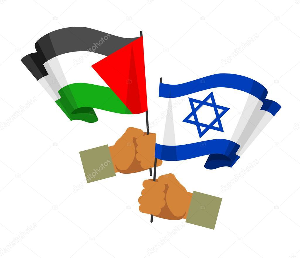 Two hands holding a flags Palestine and Israel in flat style isolated on white background