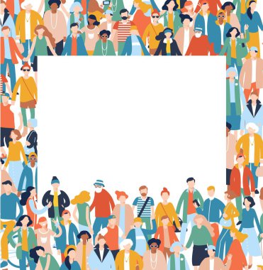 Topluluktaki farklı insanlardan oluşan bir grup bir arada duruyor ve ellerinde boş bir pankart var.