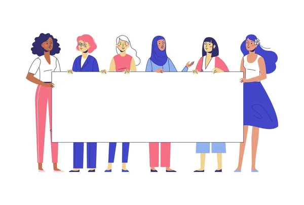 一群年轻妇女站在一起 举着空白的标语牌 国际女孩和跨种族女孩的性格 赋予妇女权力运动 — 图库矢量图片