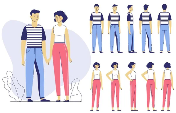 Frente Lado Vista Trasera Hombre Mujer Jóvenes Ilustración Vectorial Plana — Archivo Imágenes Vectoriales