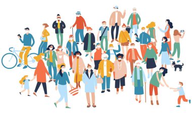 Beyaz arka planda izole edilmiş, toplumda koruyucu tıbbi maskeli bir grup insan.