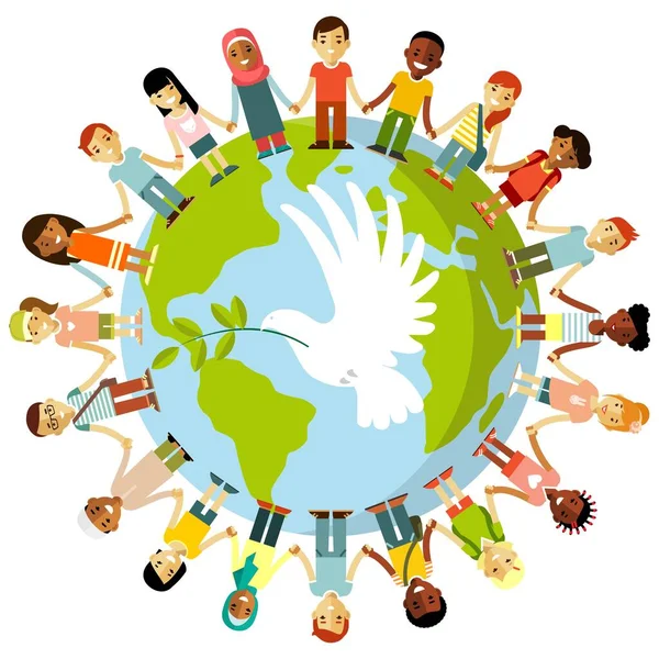 不同的国际多文化儿童站在一起 在世界各地牵着手 — 图库矢量图片