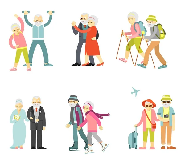 Old People Different Poses Gestures Actions Situations Healthy Active Lifestyle — Stock Vector