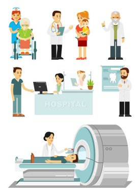 Hastane personeli ve hastalar. Danışmanlık, tıbbi teşhis ve tedavi. Beyaz arkaplanda izole edilmiş düz biçimdeki vektör illüstrasyonu.