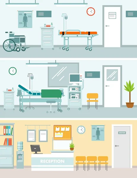 Moderní Nemocniční Interiéry Nábytkem Vybavením Vektorová Ilustrace Sálu Corrdor Recepce — Stockový vektor