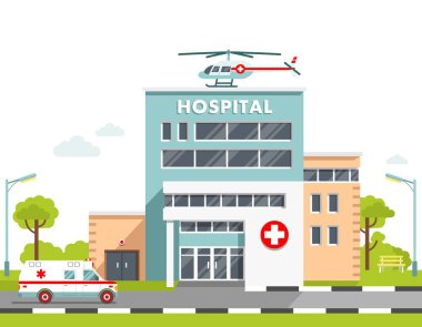Şehir geçmişi hastane binası, ambulans arabası ve helikopter beyaz alanda izole edilmiş.