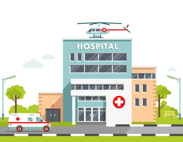 City Background Hospital Building Ambulance Car Helicopter Isolated White — Stock Vector