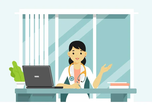 Practitioner Young Doctor Woman Hospital Medical Office Consultation Diagnosis — Stock Vector