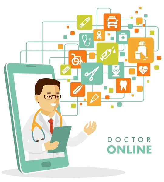 Junger Arzt Auf Smartphone Bildschirm Und Gesundheitssymbolen Mobile App Medizin — Stockvektor