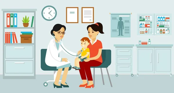 Médico Examinando Niño Con Estetoscopio Consulta Diagnóstico Médico Tratamiento Hospital — Vector de stock