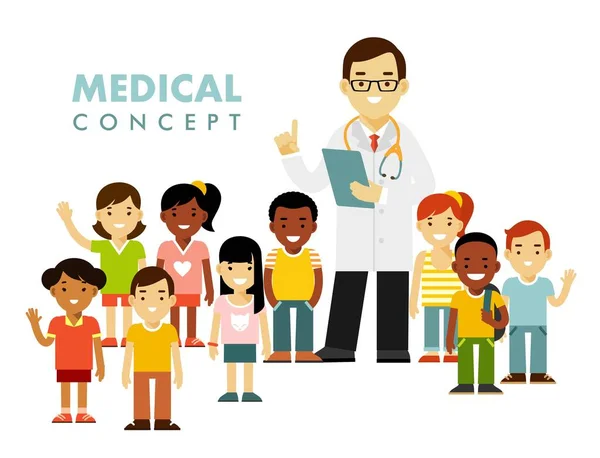 Doctor Grupo Niños Pie Juntos Consulta Diagnóstico Médico Tratamiento — Vector de stock