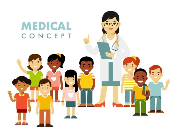 Doctor Grupo Niños Pie Juntos Consulta Diagnóstico Médico Tratamiento — Vector de stock