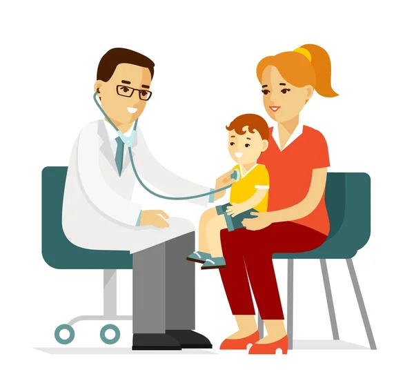 Médico Examinando Niño Con Estetoscopio Consulta Diagnóstico Médico Tratamiento — Vector de stock