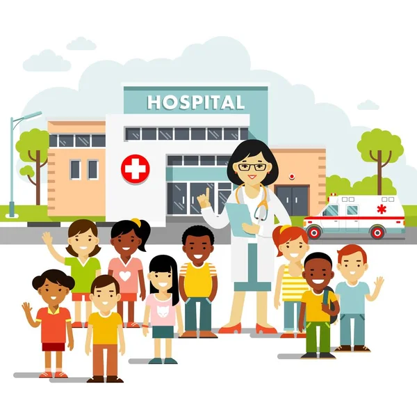 Dottore Gruppo Bambini Piedi Insieme Sfondo Ospedaliero Consultazione Diagnosi Trattamento — Vettoriale Stock