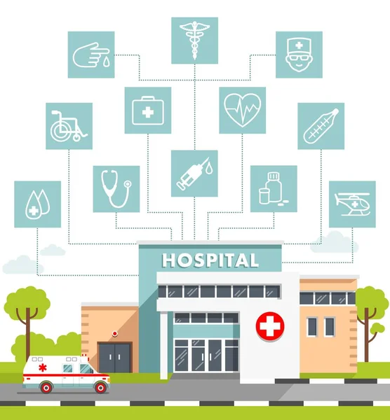Fundo Cidade Com Edifício Hospital Carro Ambulância Ícones Medicina Diferentes — Vetor de Stock
