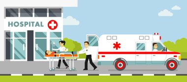 Genç doktorlar, ambulans arabası ve sedyeli yaralı hasta. İlk yardım vektör illüstrasyonu.