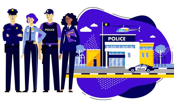 Departamento Polícia Cidade Equipe Jovens Oficiais Homens Mulheres Personagens —  Vetores de Stock