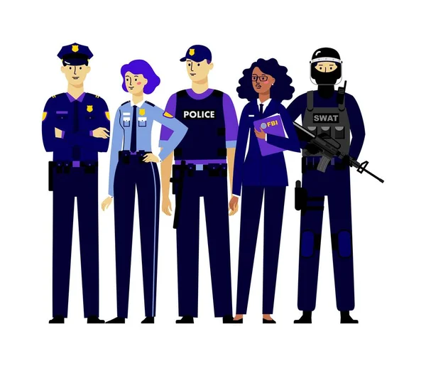 Полиция Города Набор Различных Молодых Офицеров Мужчин Женщин Стоящих Вместе — стоковый вектор