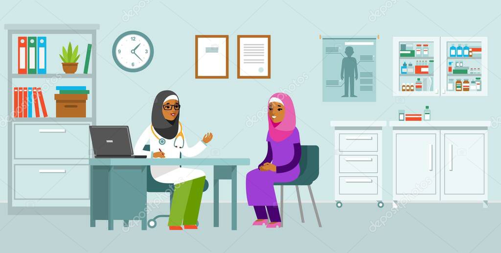 Practitioner islamic doctor and young woman patient in hospital medical office. Consultation and diagnosis.