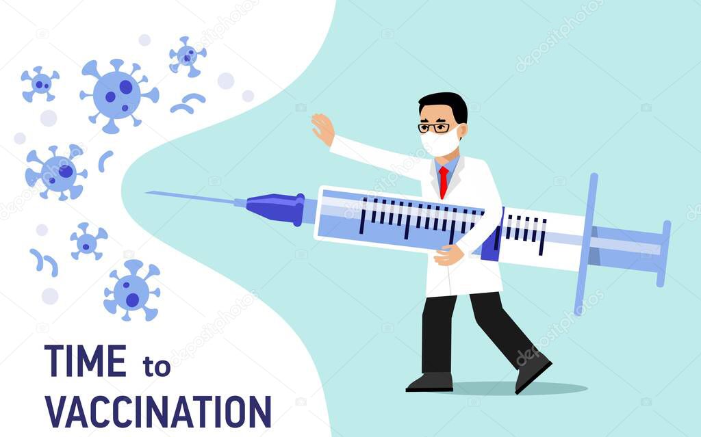 Young doctor man in protective mask with syringe fights coronavirus isolated on blue background. Healthcare, prevention pandemic and immunize.