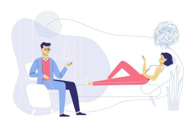 Terapi seansındaki psikolog erkek ve genç kadın hasta. Stres, bağımlılık ve zihinsel sorunların tedavisi.