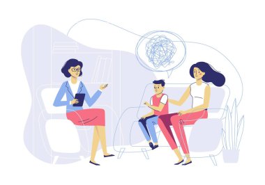 Terapi seansında erkek hasta olan genç bir psikolog kadın ve anne. Çocuk stresi, bağımlılık ve zihinsel sorunlar tedavisi. Aile psikolojisi.