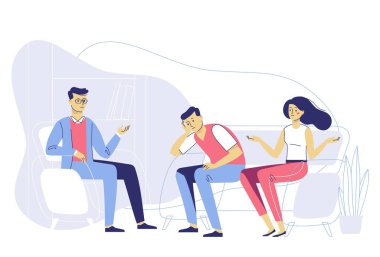 Psikolog adam ve genç çift terapi seansında karı koca. Aile zihinsel sorunları, stres, bağımlılık, şiddet.