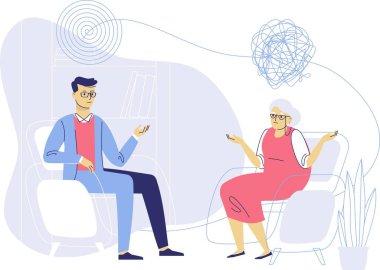 Psikolog ve terapi seansındaki yaşlı kadın hasta. Bunama, Alzheimer hastalığı ve zihinsel sorunların tedavisi.