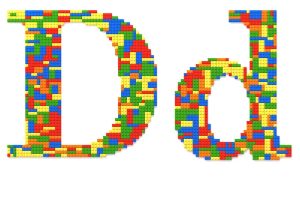 Carta D construída a partir de tijolos de brinquedo em cores aleatórias — Fotografia de Stock