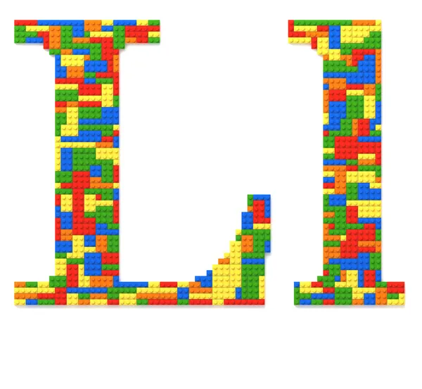 Alfabet l opgebouwd uit speelgoed bakstenen in willekeurige kleuren — Stockfoto