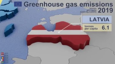 2019 yılında Avrupa Birliği ülkelerinde sera gazı emisyonları. Kişi başına düşen ton başına değer (CO2 eşdeğeri), uluslararası havacılık ve dolaylı CO2 emisyonlarından kaynaklanan emisyonları içeriyordu. Kaynak verileri: Eurostat. 3B görüntüleme.