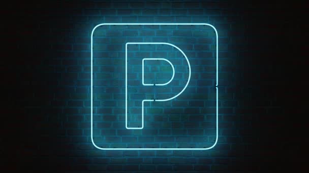 Neon Parking Sign Blue Light Brick Wall Rendering Video Part — Stockvideo