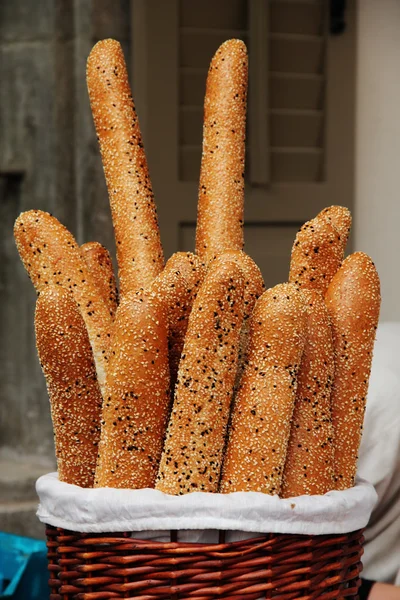 Baguettes in a wicker basket — Stock Photo, Image