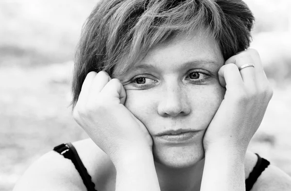 Close up portrait of sad redheaded woman — Stock Photo, Image