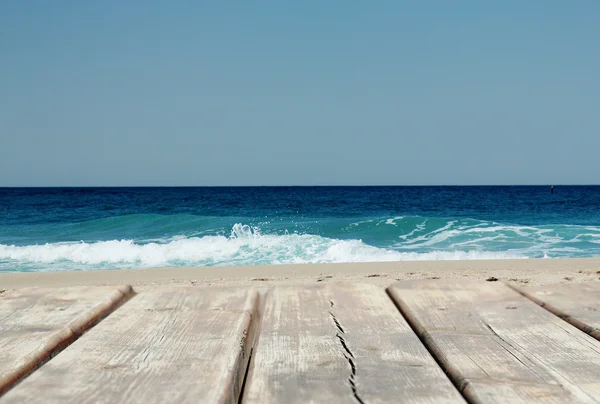 Blue sea and sky with wooden floor background — Stock Photo, Image