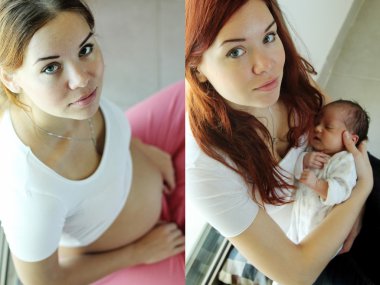 Collage of beautiful pregnant girl and girl with her newborn bab clipart