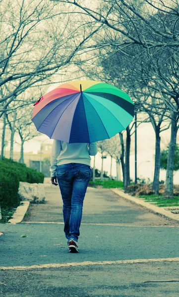Woman under big umbrella — Stock Photo, Image